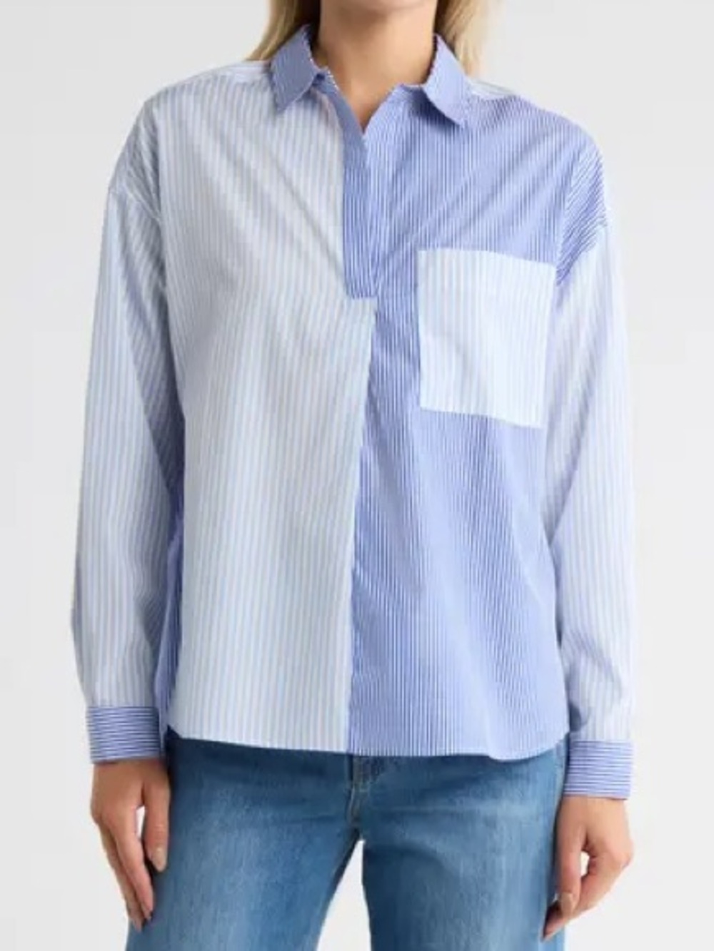 French Connection Two-Tone Striped Blue and White Button-Down Shirt
